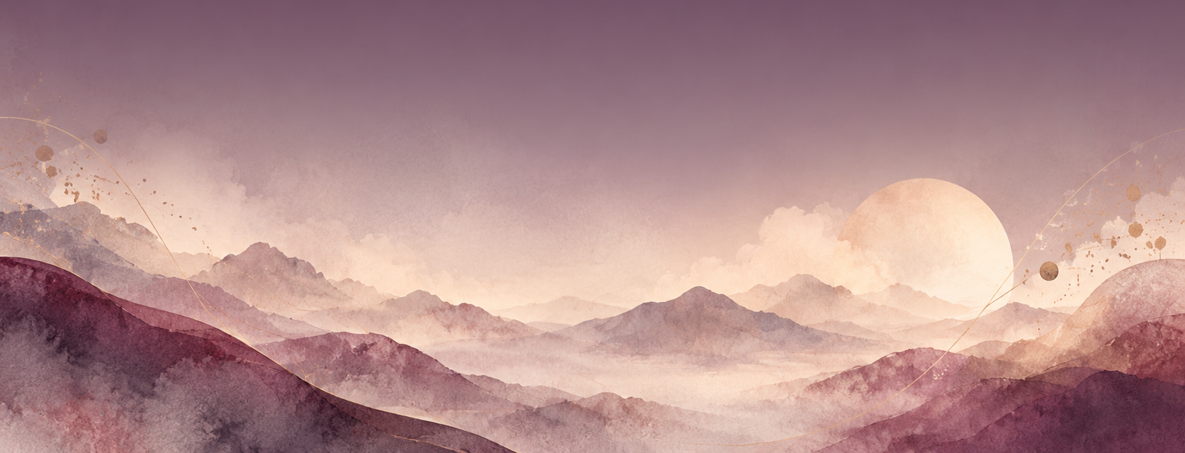 Watercolour mountains at dusk, with the moon rising over a river valley